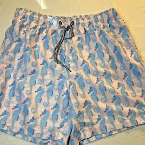 Frank's Australian Pink Sea Horse Print Swim‎ Trunks,  Lined, 6" Inseam, Size XL